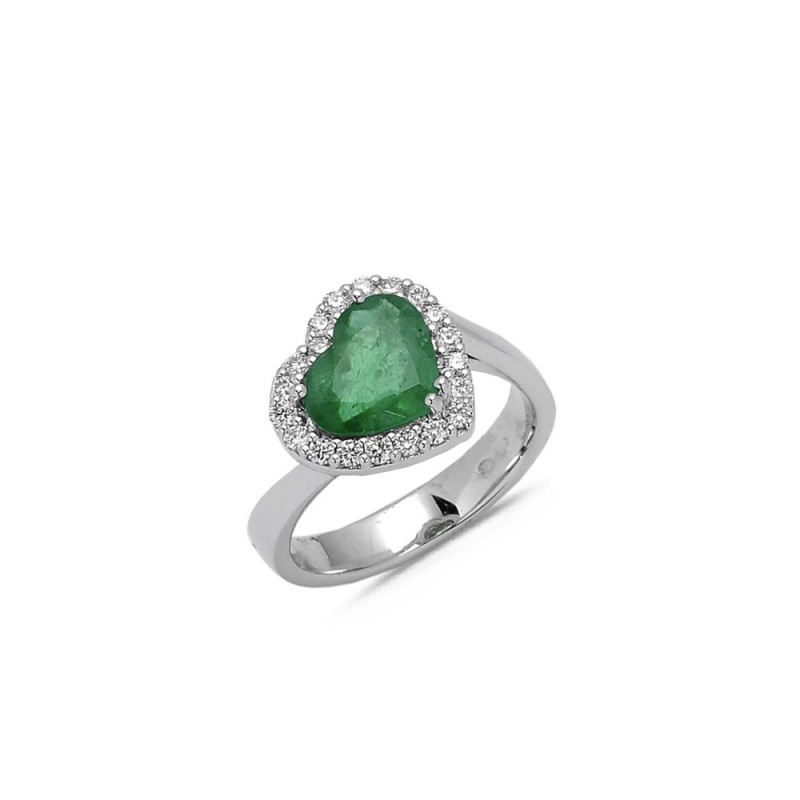 Bague Émeraude coeur 1.60ct et Diamants 0.35ct en Or blanc Doigt 54