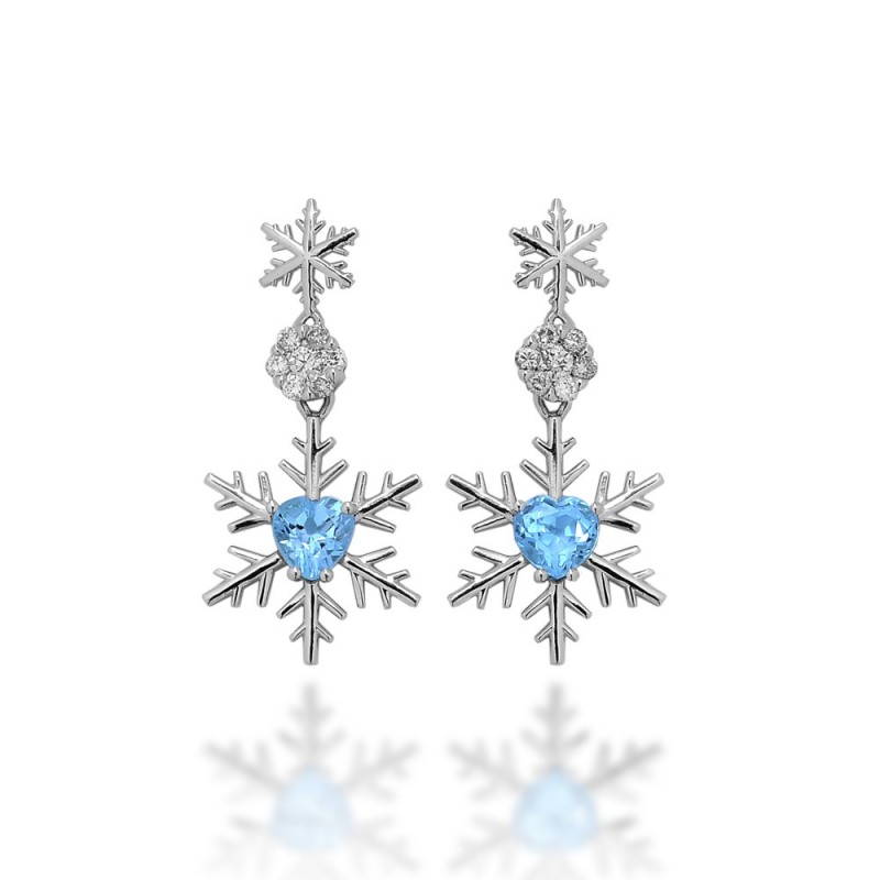 Boucles d'Oreilles pendantes Flocons d'Amour Topazes coeur et Diamants 0.28ct en Or blanc