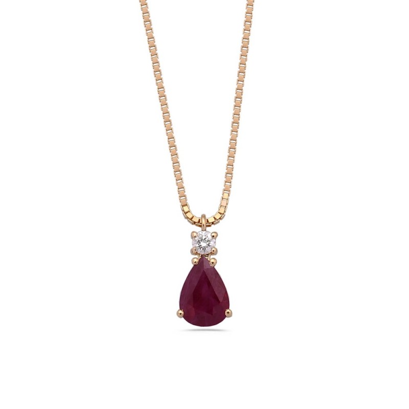 Collier Diamant 0.05ct Rubis 0.75ct Forme Poire Sur Or Jaune