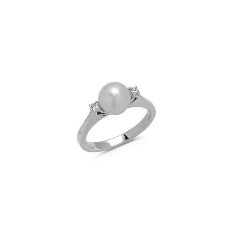 Bague Perle et Diamant 0.05ct en Or blanc Doigt 52