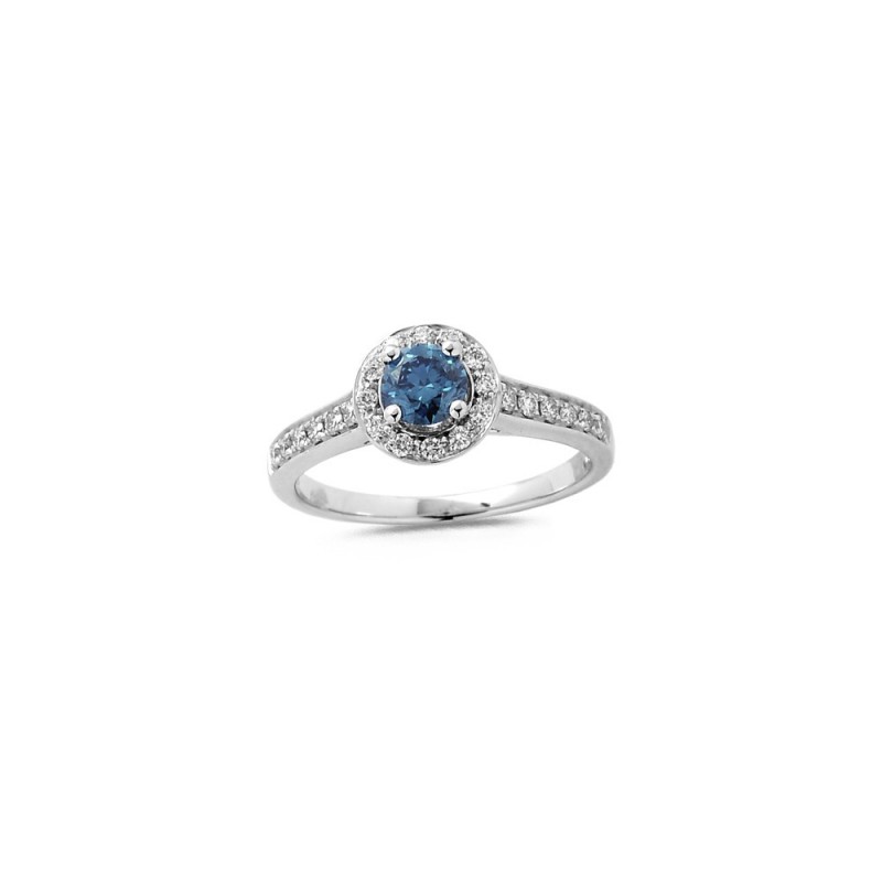 Bague Or Blanc  Diamant Bleu 0.30ct Et Diamants Blancs 0.25ct Doigt 54