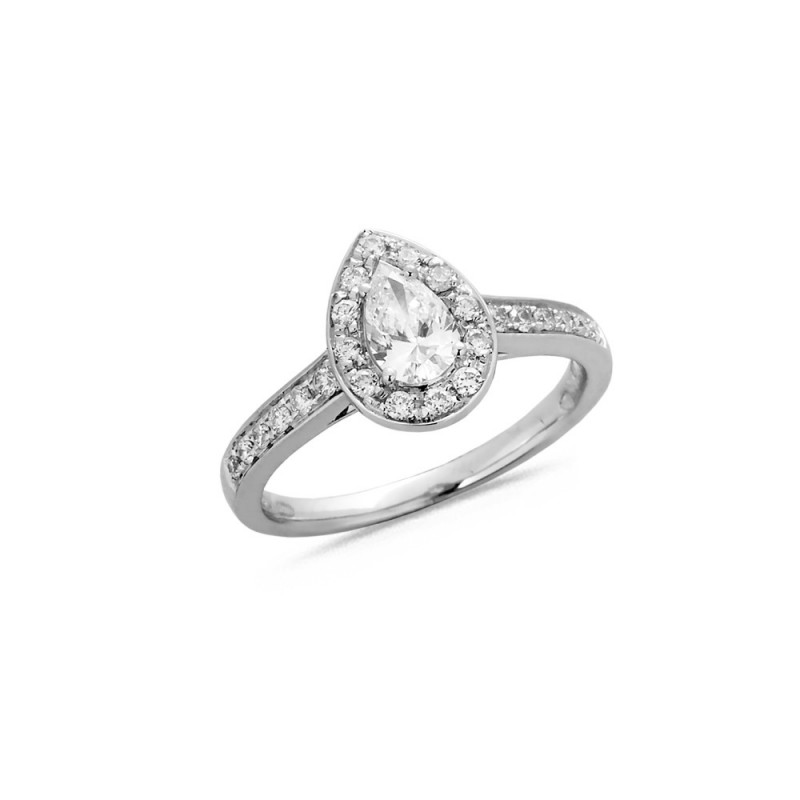 Bague Solitaire Diamant Poire 0.40ct Entourage 22 Diamants 0.27ct