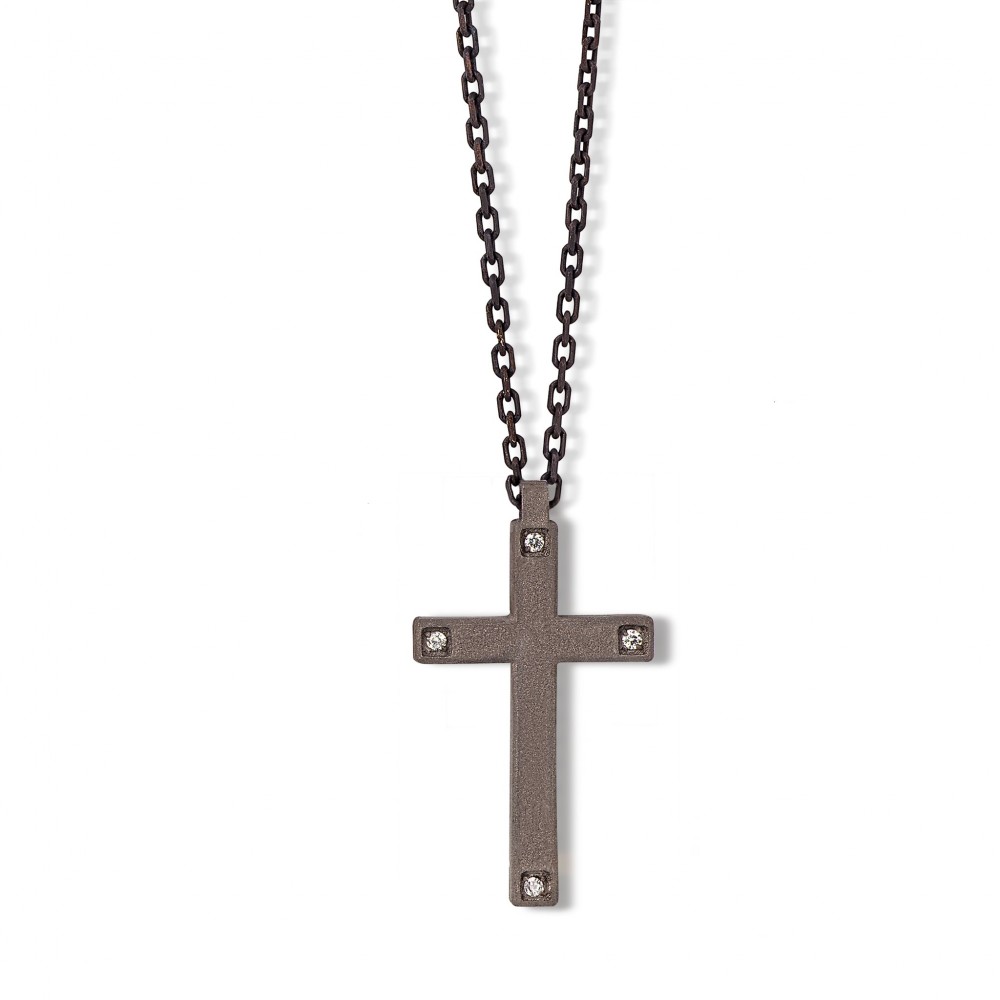 Collier Titane Motif Croix Or 9K 0.25gr Diamants 0.04 ct