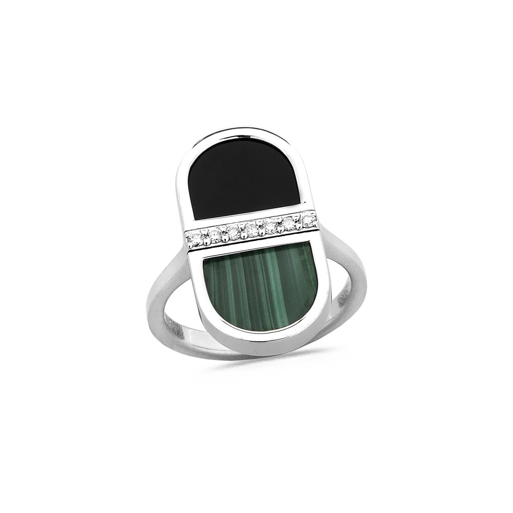 Bague ANDREA  Diamants 0.09ct, Onyx et Malachite en Or blanc - Taille disponible : 54