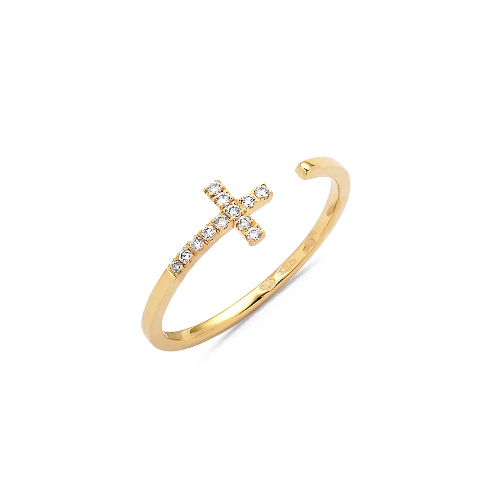 Bague Ouverte Motif Croix Diamants 0.06ct Or Jaune - Taille disponible : 54