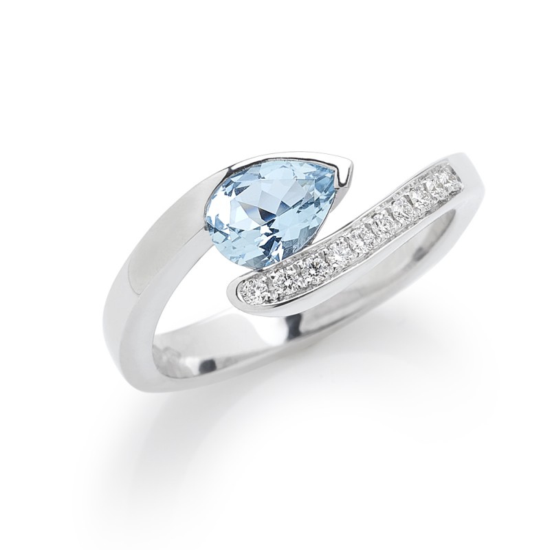 Bague Aigue-marine et Diamants en Or blanc Taille