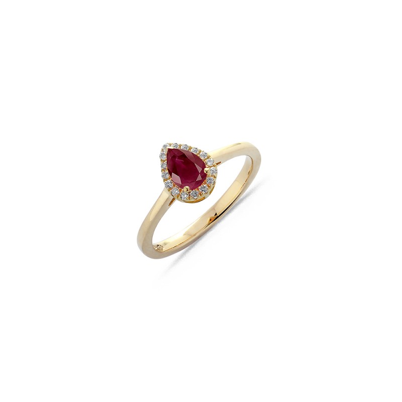 Bague Rubis Forme Poire7x5mm 0,78ct Entourage Diamants 0.12ct