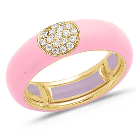 Bague Émail rose en Or Jaune 750 mill. sertie de Diamants 0.14ct. 