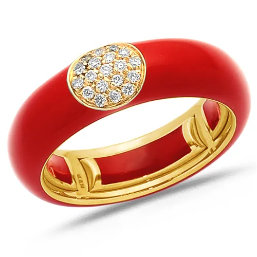 Bague Émail rouge en Or Jaune 750 mill. sertie de Diamants 0.14ct. 