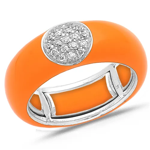 Bague Émail Orange sertie de Diamants 0.22ct. en Or 750 mill. Blanc