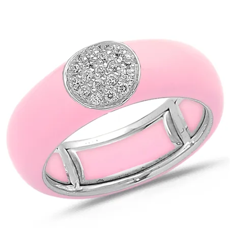 Bague Émail Rose sertie de Diamants 0.22ct. en Or 750 mill. Blanc