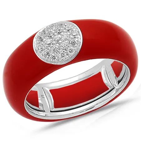 Bague Émail Rouge sertie de Diamants 0.22ct. en Or 750 mill. Blanc