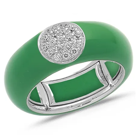 Bague Émail Vert sertie de Diamants 0.22ct. en Or 750 mill. Blanc
