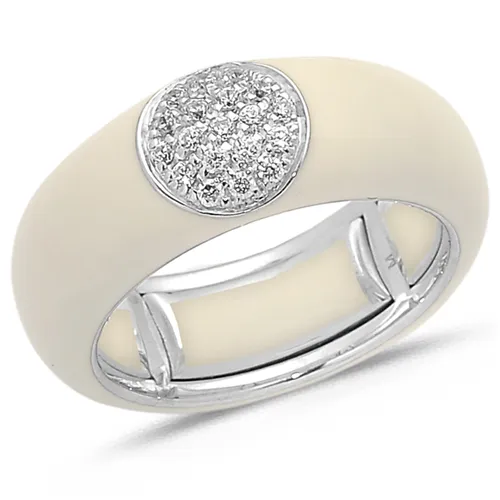 Bague Émail Ivoire sertie de Diamants 0.22ct. en Or 750 mill. Blanc