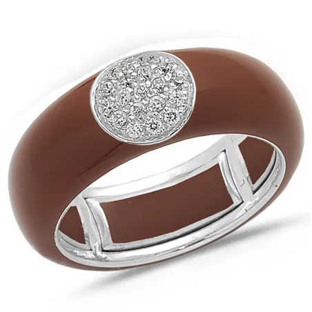 Bague Émail Marron sertie de Diamants 0.22ct. en Or 750 mill. Blanc