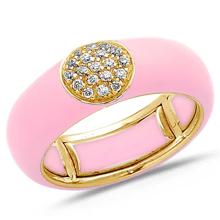 Bague Émail Rose sertie de Diamants 0.22ct. en Or 750 mill. Jaune