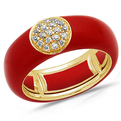 Bague Émail Rouge sertie de Diamants 0.22ct. en Or 750 mill. Jaune