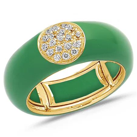 Bague Émail Vert sertie de Diamants 0.22ct. en Or 750 mill. Jaune