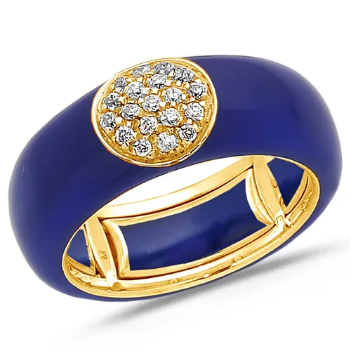 Bague Émail Bleu Clair sertie de Diamants 0.22ct. en Or 750 mill. Jaune