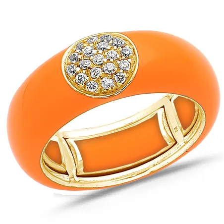 Bague Émail Orange sertie de Diamants 0.22ct. en Or 750 mill. Jaune