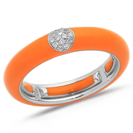 Bague Émail Orange sertie de Diamants 0.07ct. en Or 750 mill. Blanc