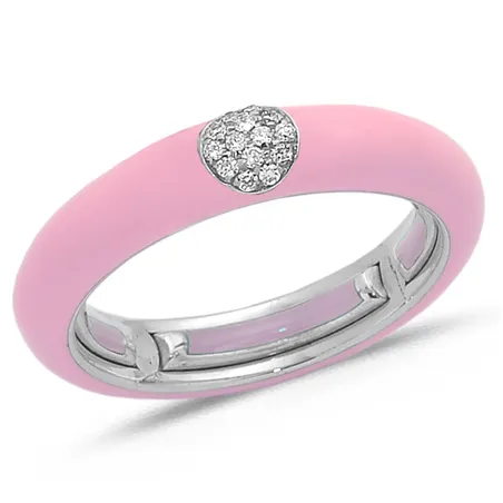 Bague Émail Rose sertie de Diamants 0.07ct. en Or 750 mill. Blanc
