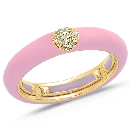 Bague Émail Rose sertie de Diamants 0.07ct. en Or 750 mill. Jaune
