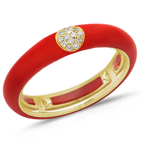 Bague Émail Rouge sertie de Diamants 0.07ct. en Or 750 mill. Jaune