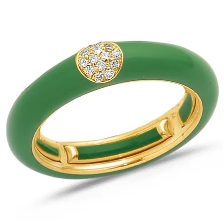 Bague Émail Vert sertie de Diamants 0.07ct. en Or 750 mill. Jaune