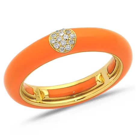 Bague Émail Orange sertie de Diamants 0.07ct. en Or 750 mill. Jaune