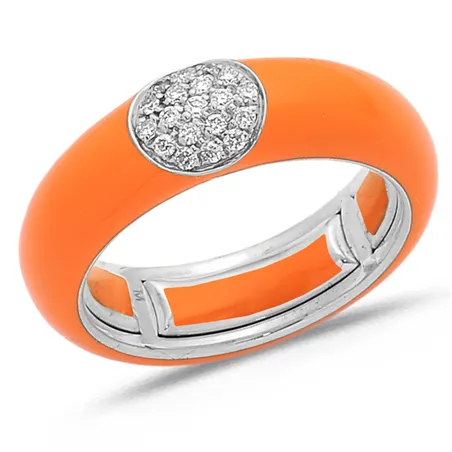 Bague Émail Orange sertie de Diamants 0.14ct. en Or 750 mill. Blanc