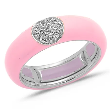 Bague Émail Rose sertie de Diamants 0.14ct. en Or 750 mill. Blanc