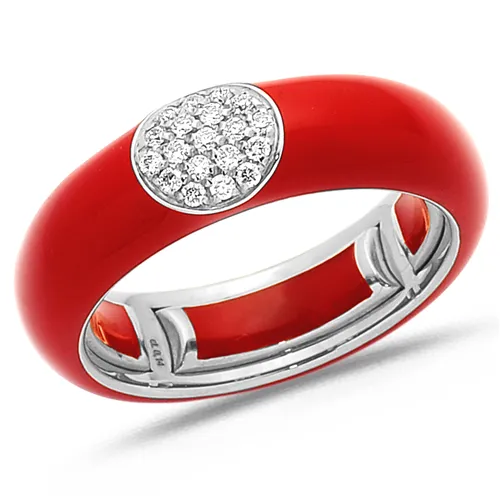 Bague Émail Rouge sertie de Diamants 0.14ct. en Or 750 mill. Blanc