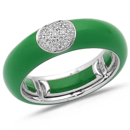 Bague Émail Vert sertie de Diamants 0.14ct. en Or 750 mill. Blanc
