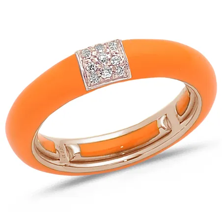 Bague Émail Orange sertie de Diamants 0.08ct. en Or 750 mill. Rose