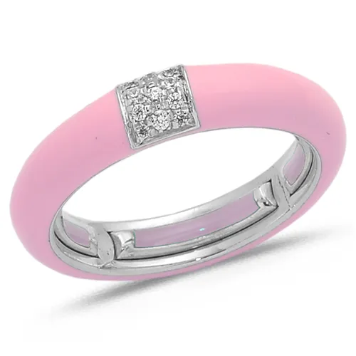 Bague Émail Rose sertie de Diamants 0.08ct. en Or 750 mill. Blanc