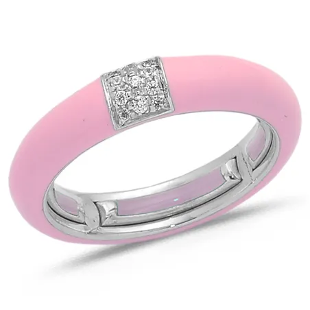 Bague Émail Rose sertie de Diamants 0.08ct. en Or 750 mill. Blanc