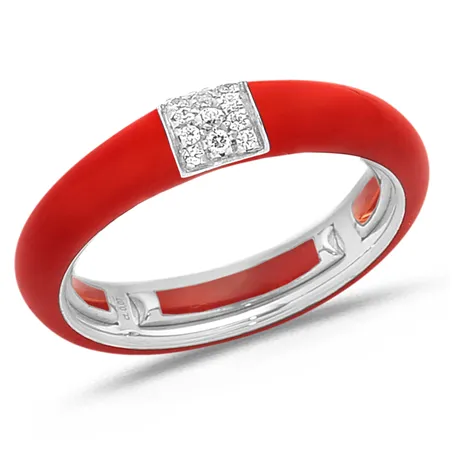 Bague Émail Rouge sertie de Diamants 0.08ct. en Or 750 mill. Blanc