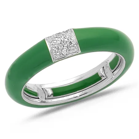 Bague Émail Vert sertie de Diamants 0.08ct. en Or 750 mill. Blanc