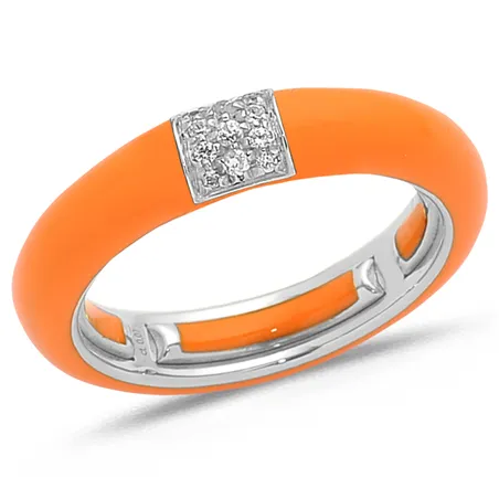 Bague Émail Orange sertie de Diamants 0.08ct. en Or 750 mill. Blanc