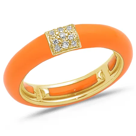 Bague Émail Orange sertie de Diamants 0.08ct. en Or 750 mill. Jaune