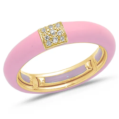 Bague Émail Rose sertie de Diamants 0.08ct. en Or 750 mill. Jaune