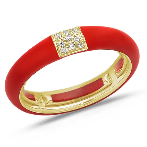 Bague Émail Rouge sertie de Diamants 0.08ct. en Or 750 mill. Jaune