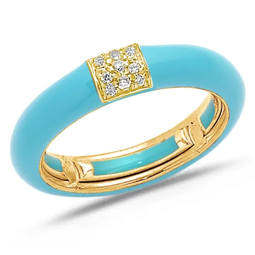 Bague Émail Bleu clair sertie de Diamants 0.08ct. en Or 750 mill. Jaune