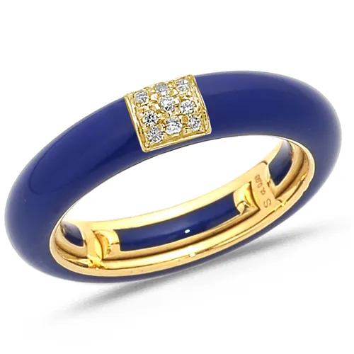 Bague Émail Bleu sertie de Diamants 0.08ct. en Or 750 mill. Jaune
