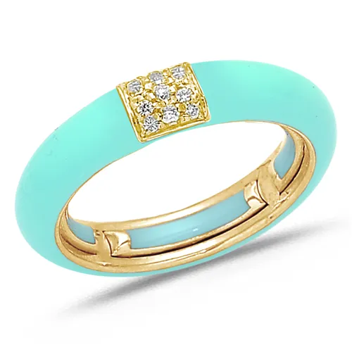 Bague Émail turquoise sertie de Diamants 0.08ct. en Or 750 mill. Jaune