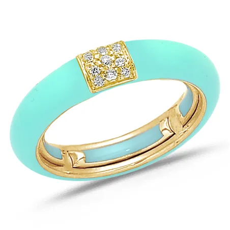 Bague Émail turquoise sertie de Diamants 0.08ct. en Or 750 mill. Jaune