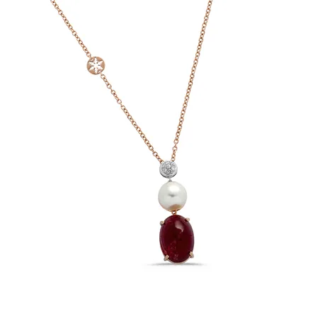 Collier en Or Rose 750 mill. serti de Tourmaline Rose 7.00ct, Perle et Diamants 0.06ct. 