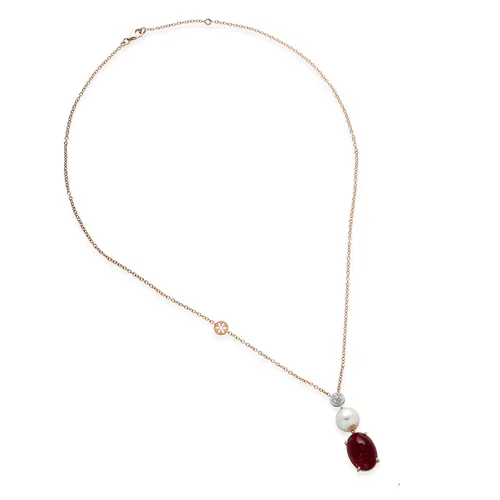 Collier en Or Rose 750 mill. serti de Tourmaline Rose 7.00ct, Perle et Diamants 0.06ct. 