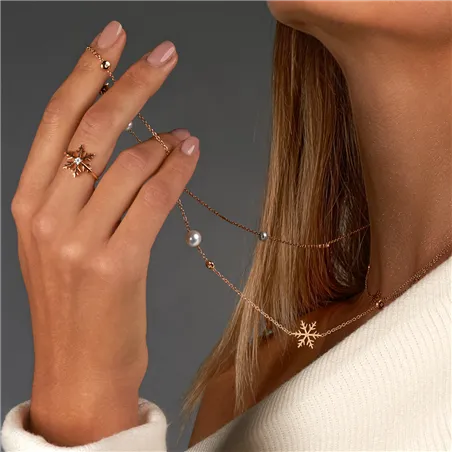 Sautoir 90cm Collection Flocon d'Amour en Or Rose 750Mill Diamants 0.12ct et 5 Perles de Culture	